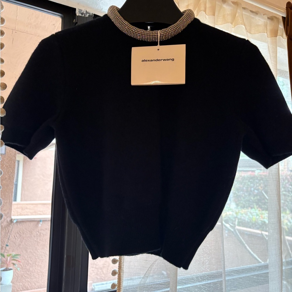 Alexander Wang Black Knit Top with Embellished Collar